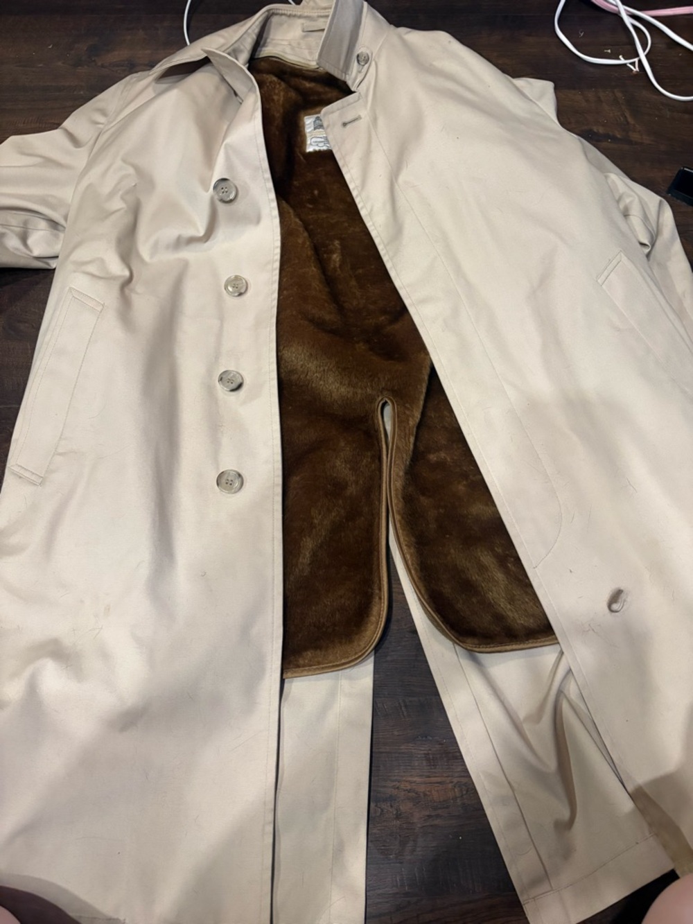 London Fog Beige Trench Coat with Brown Faux-Fur Lining and silk sleeves